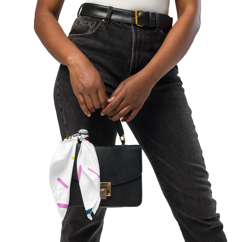 Women holding a black handbag with a white bandana