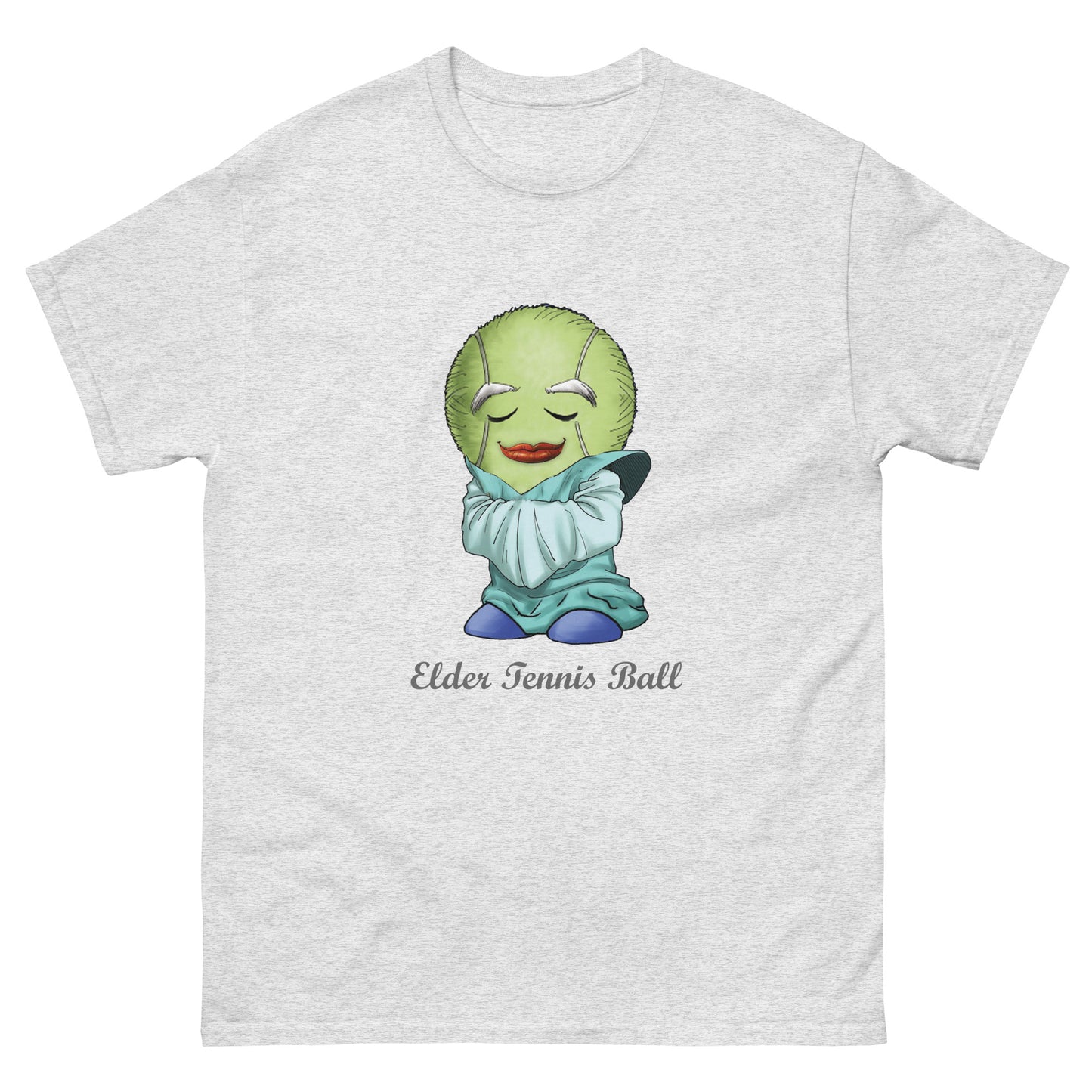 Gray t-shirt with a cartoon tennis ball character and 'ElderLY Tennis Ball' text