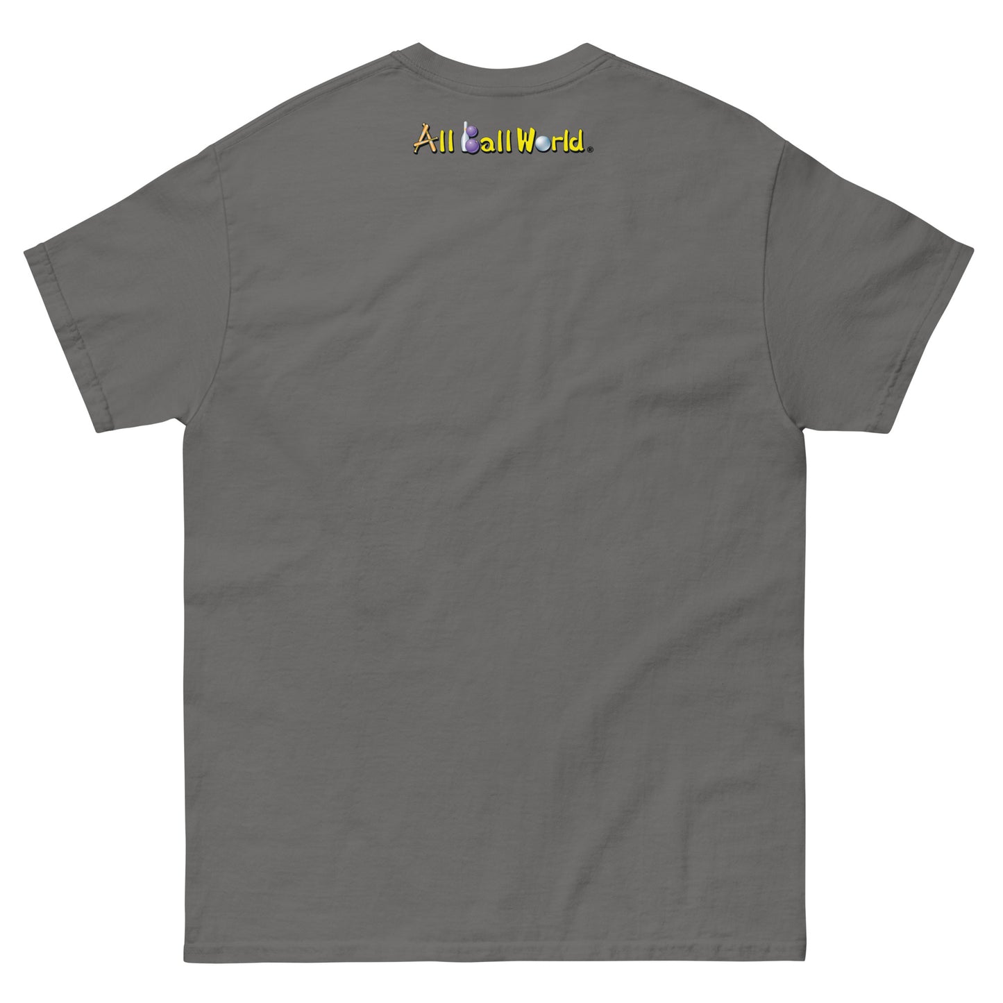 Gray t-shirt with 'All Ball World' text on the back