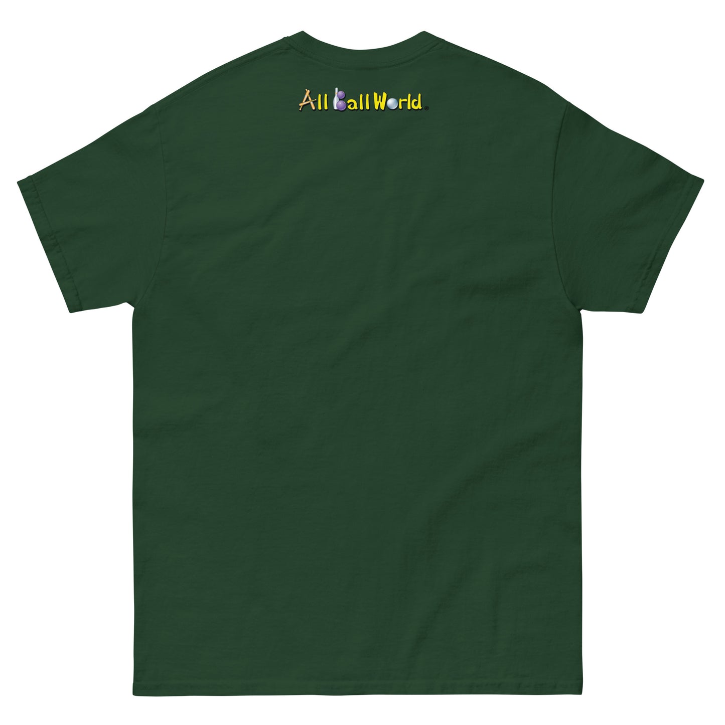 Green t-shirt with 'All Ball World' text on the back