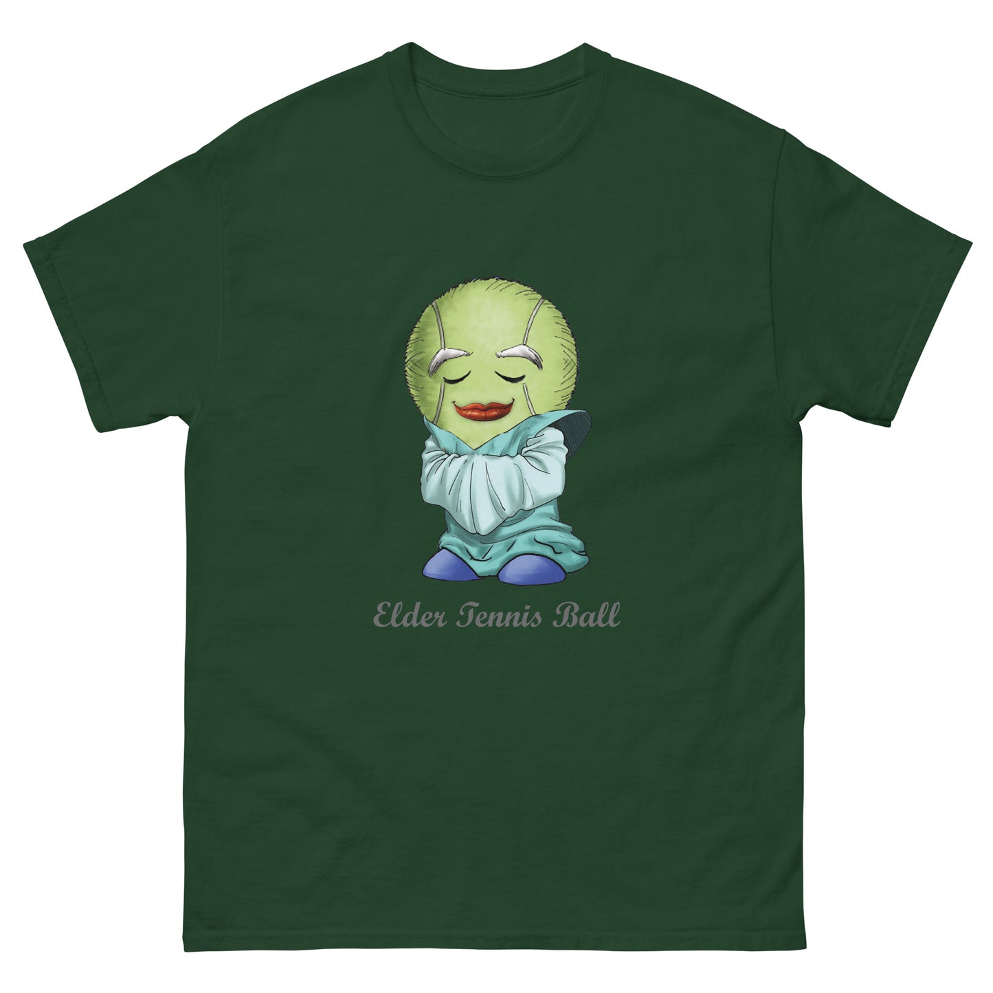 Green t-shirt with a cartoon tennis ball character and 'Elder Tennis Ball' text
