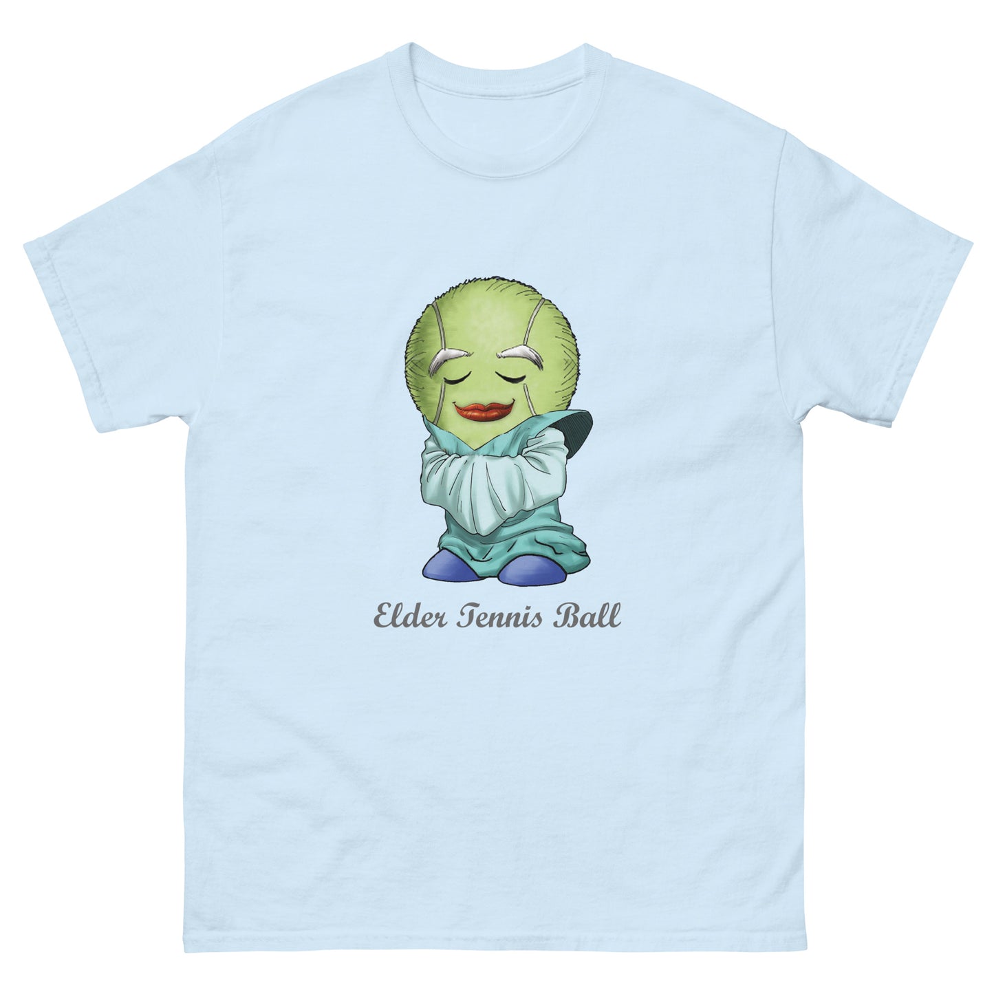 Light blue t-shirt with a cartoon character of a tennis ball