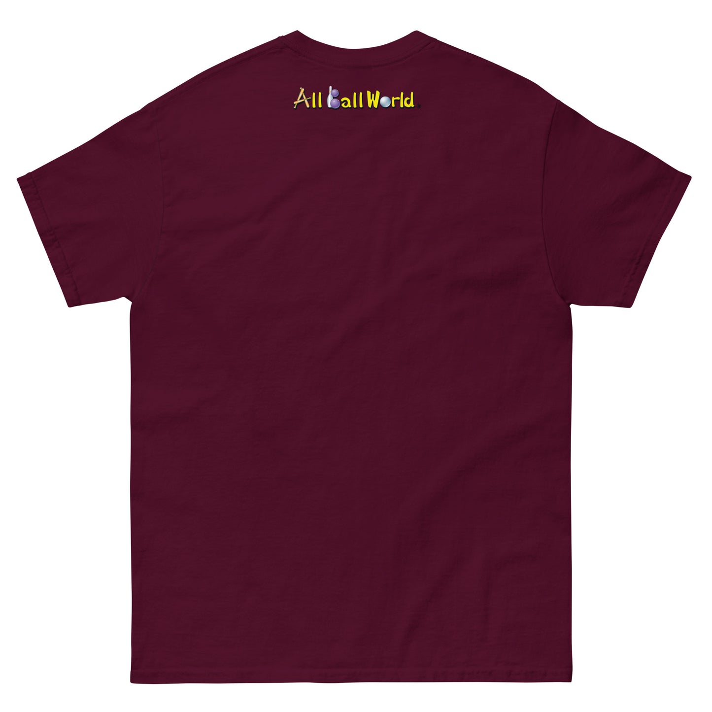 Maroon t-shirt with 'All Ball World' text at the back