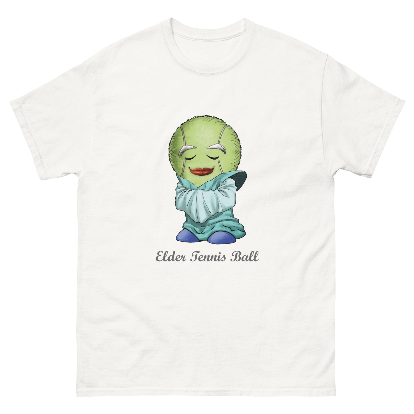 White t-shirt with a cartoon tennis ball character and 'Elderly Tennis Ball' text