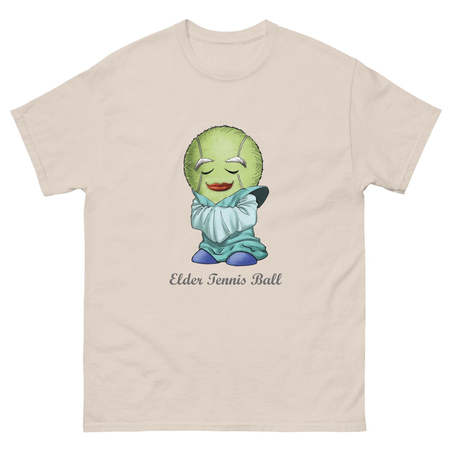 Beige t-shirt with a cartoon character of an elderly tennis ball print