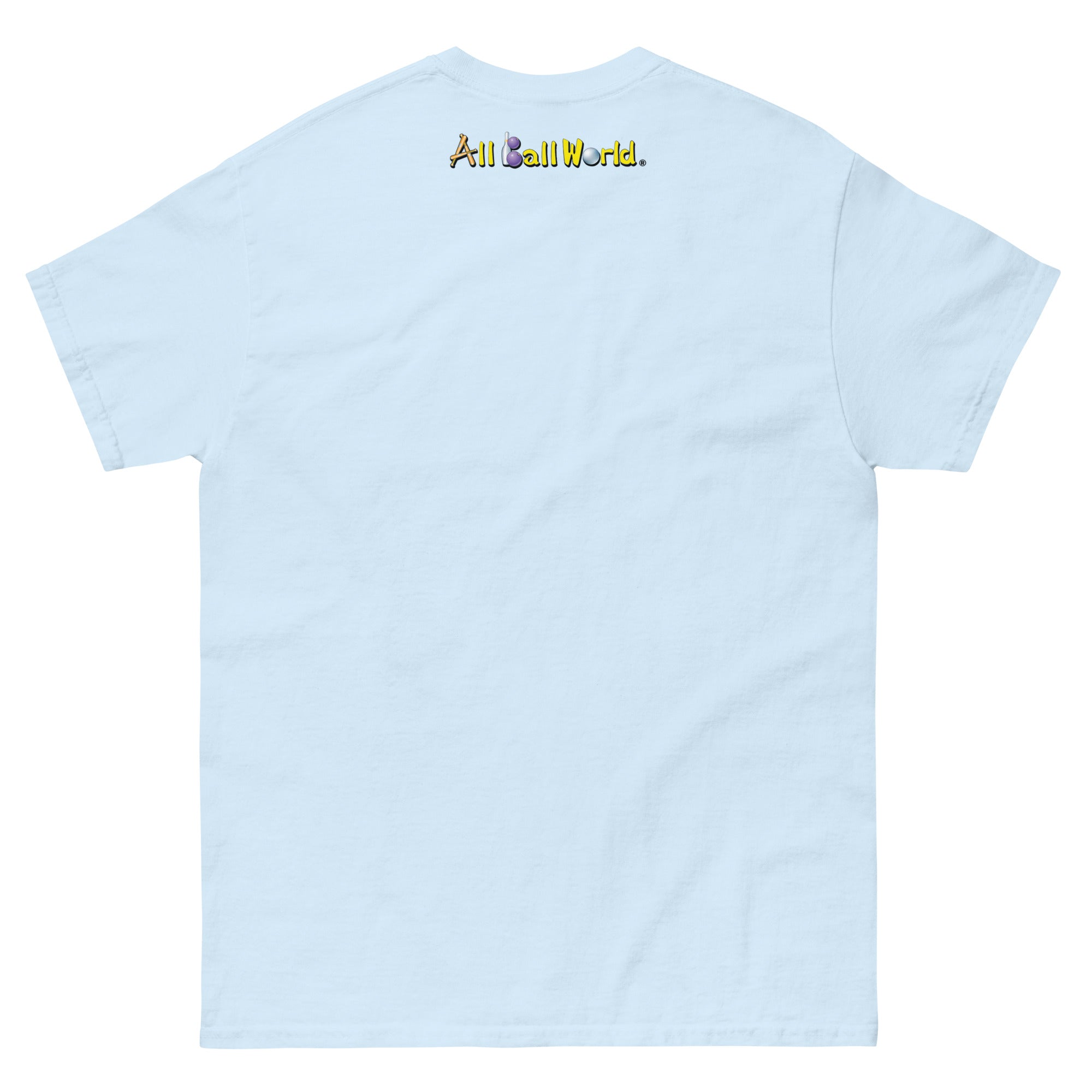 Light blue t-shirt with 'All Ball World' text on the back