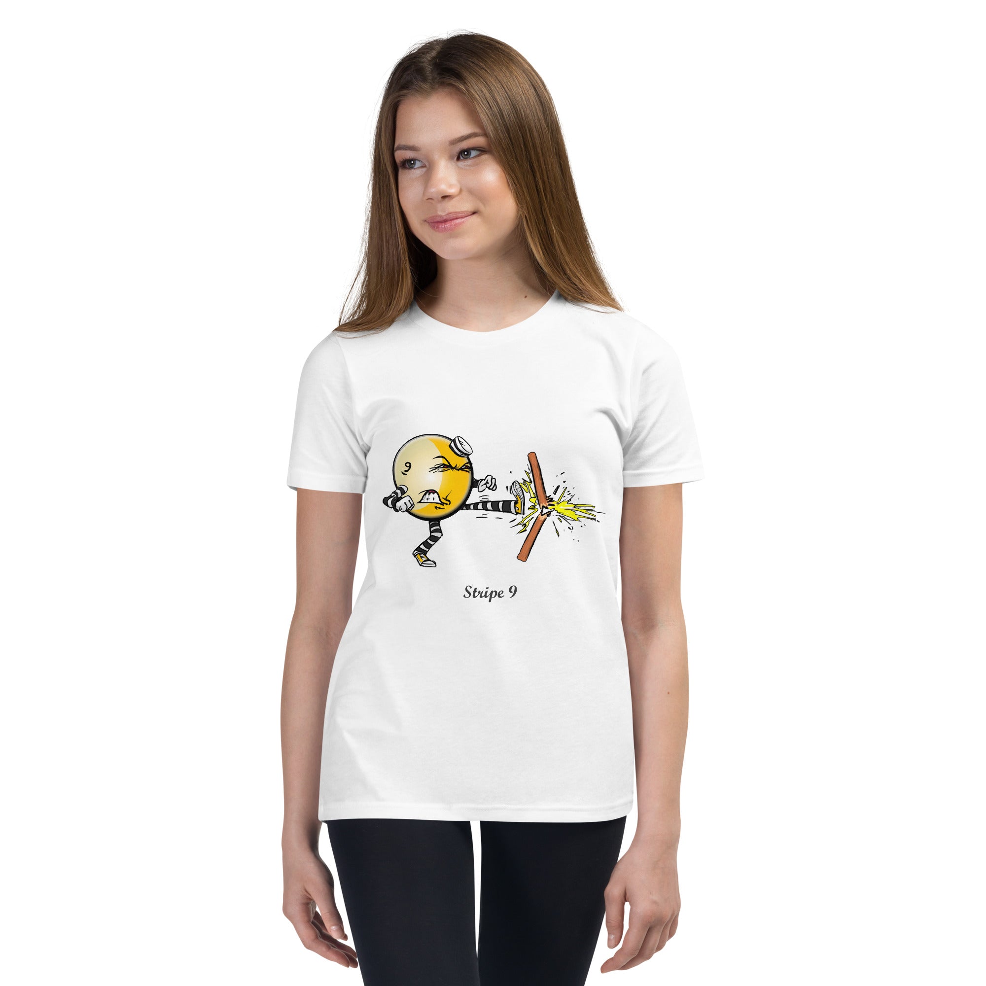 Teen wearing a white t-shirt with a stripe 9 graphic design 