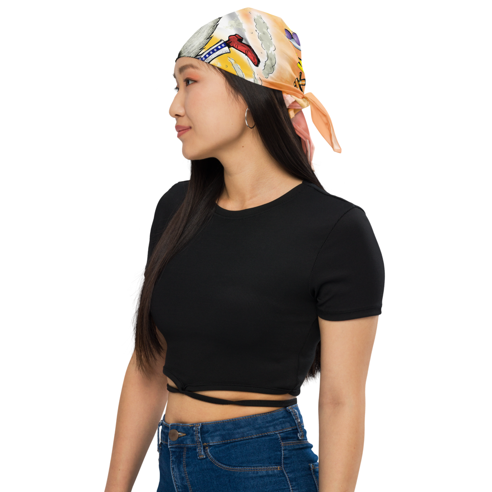 Woman wearing a colorful customize bandana 