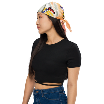 Woman wearing a colorful customize bandana 