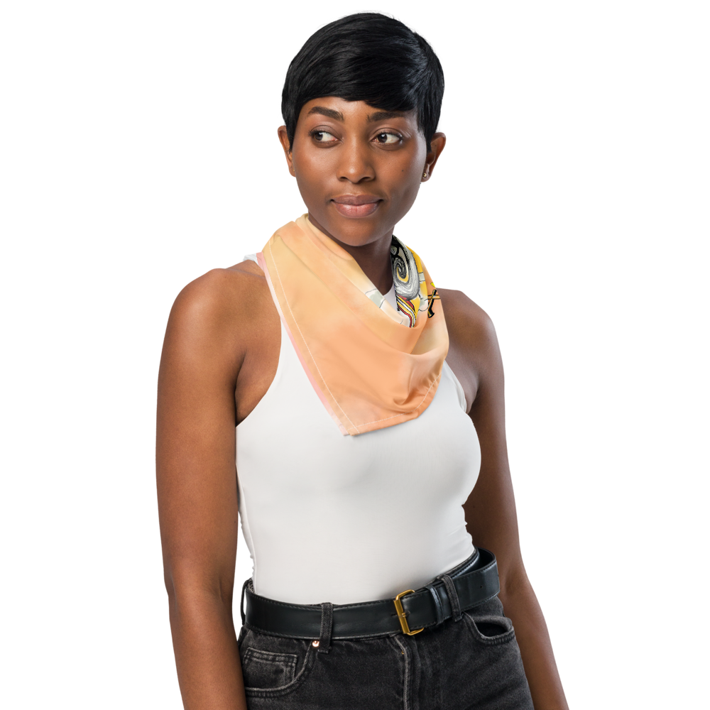 Woman wearing a white top and black pants with an orange scarf around her neck on a white background