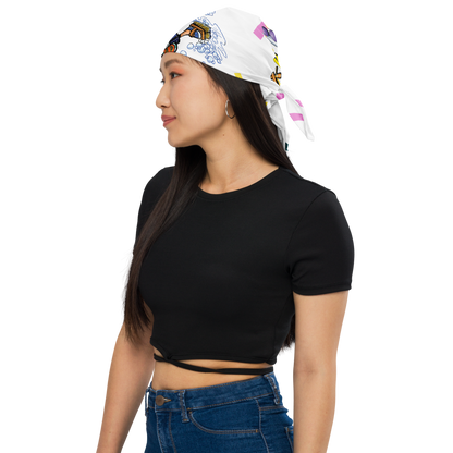 Women wearing a white customize head bandana