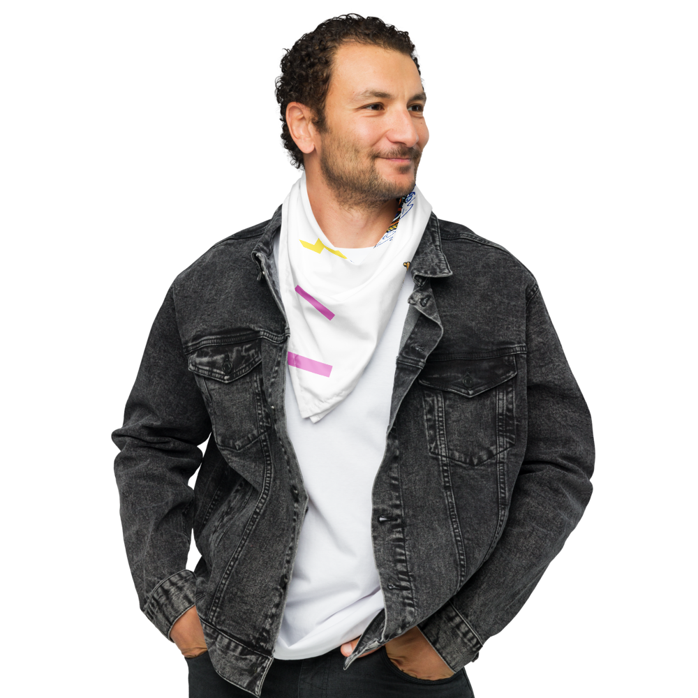 Man wearing a white customizable bandana around his neck