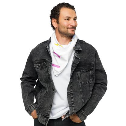 Man wearing a white customizable bandana around his neck