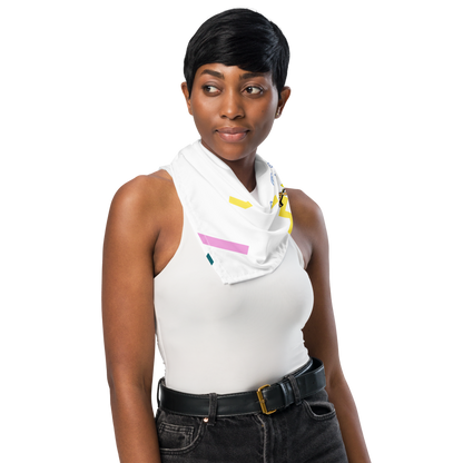 Woman wearing  a colorful a customizable scarf around her neck 
