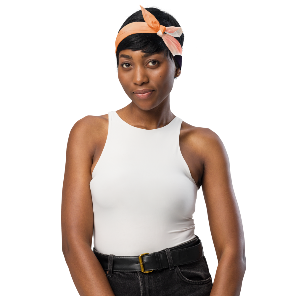 Woman earing an orange headband on a white background
