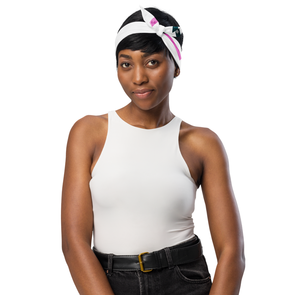 Woman wearing a white customize bandana