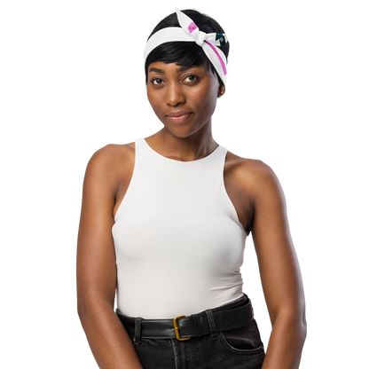 Woman wearing a white customize bandana