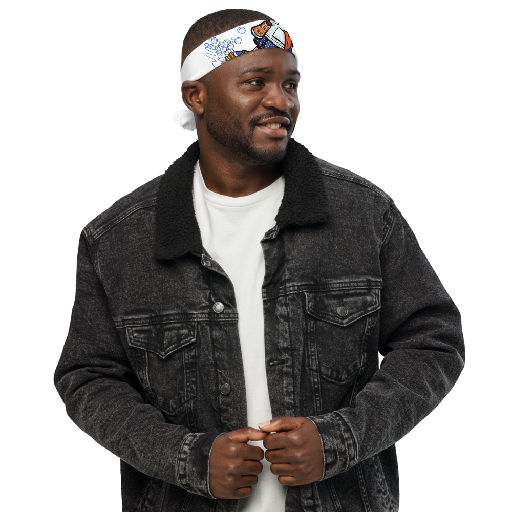 Man wearing a white customize bandana