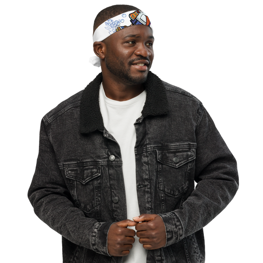 Man wearing a white customize bandana