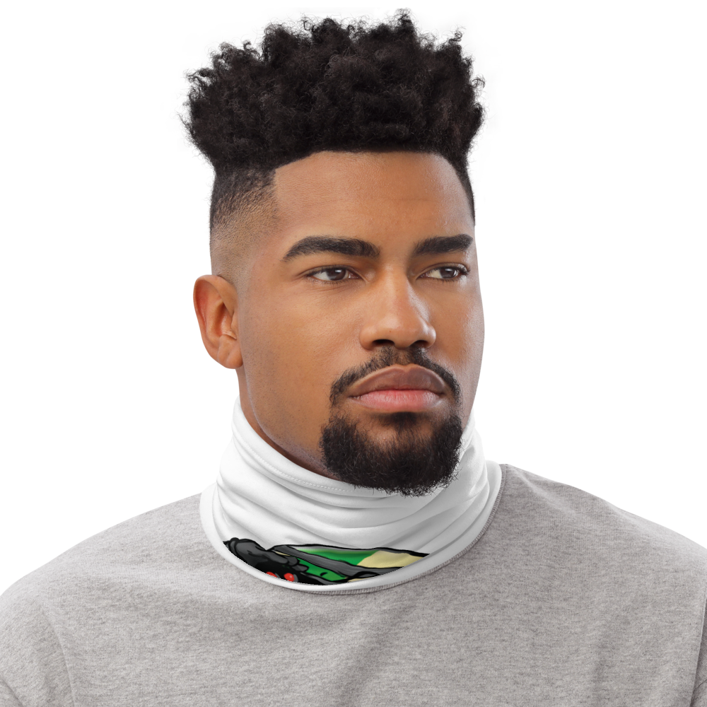 Man wearing a white neck gaiter with Stripe Billiard Ball #14 design