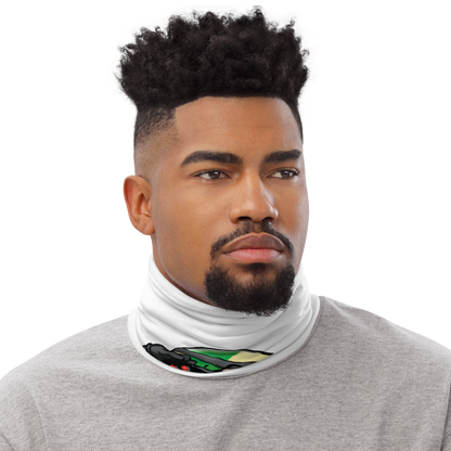 Man wearing a white neck gaiter with Stripe Billiard Ball #14 design