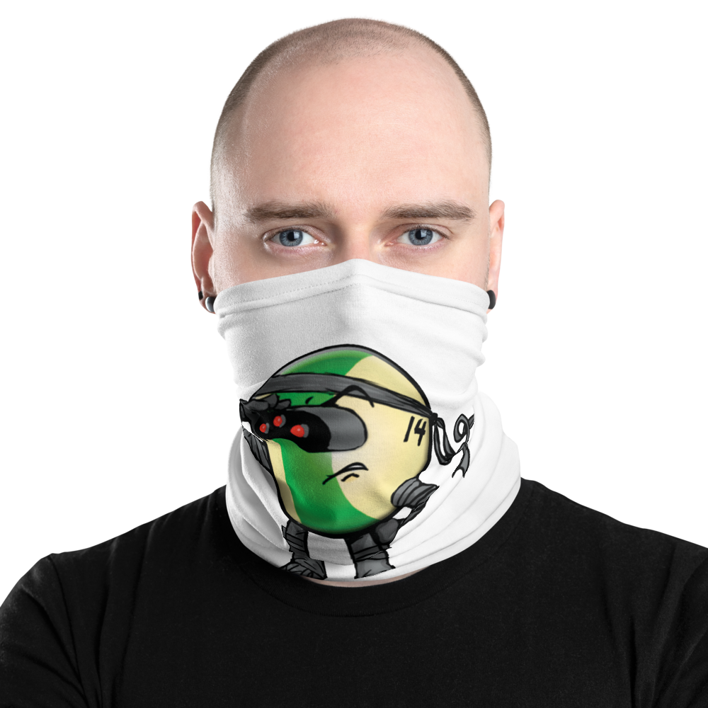 Men wearing a white neck gaiter with Stripe Billiard Ball #14 Neck Gaiter