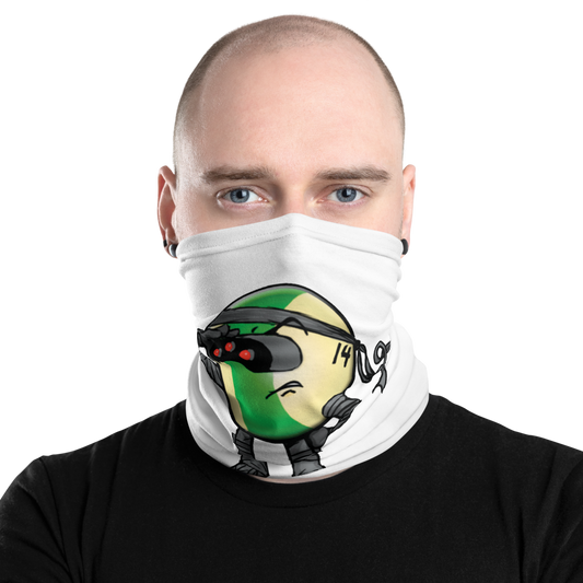Men wearing a white neck gaiter with Stripe Billiard Ball #14 Neck Gaiter