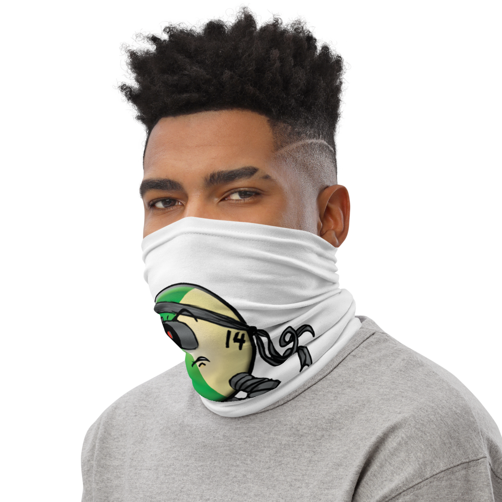 Men wearing a white neck gaiter with Stripe Billiard Ball #14 design