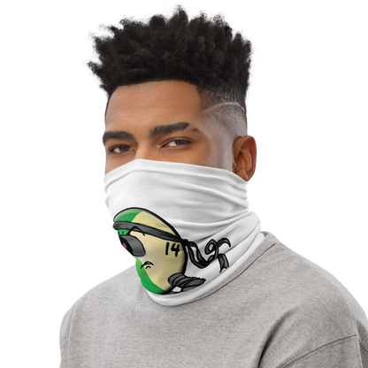 Men wearing a white neck gaiter with Stripe Billiard Ball #14 design