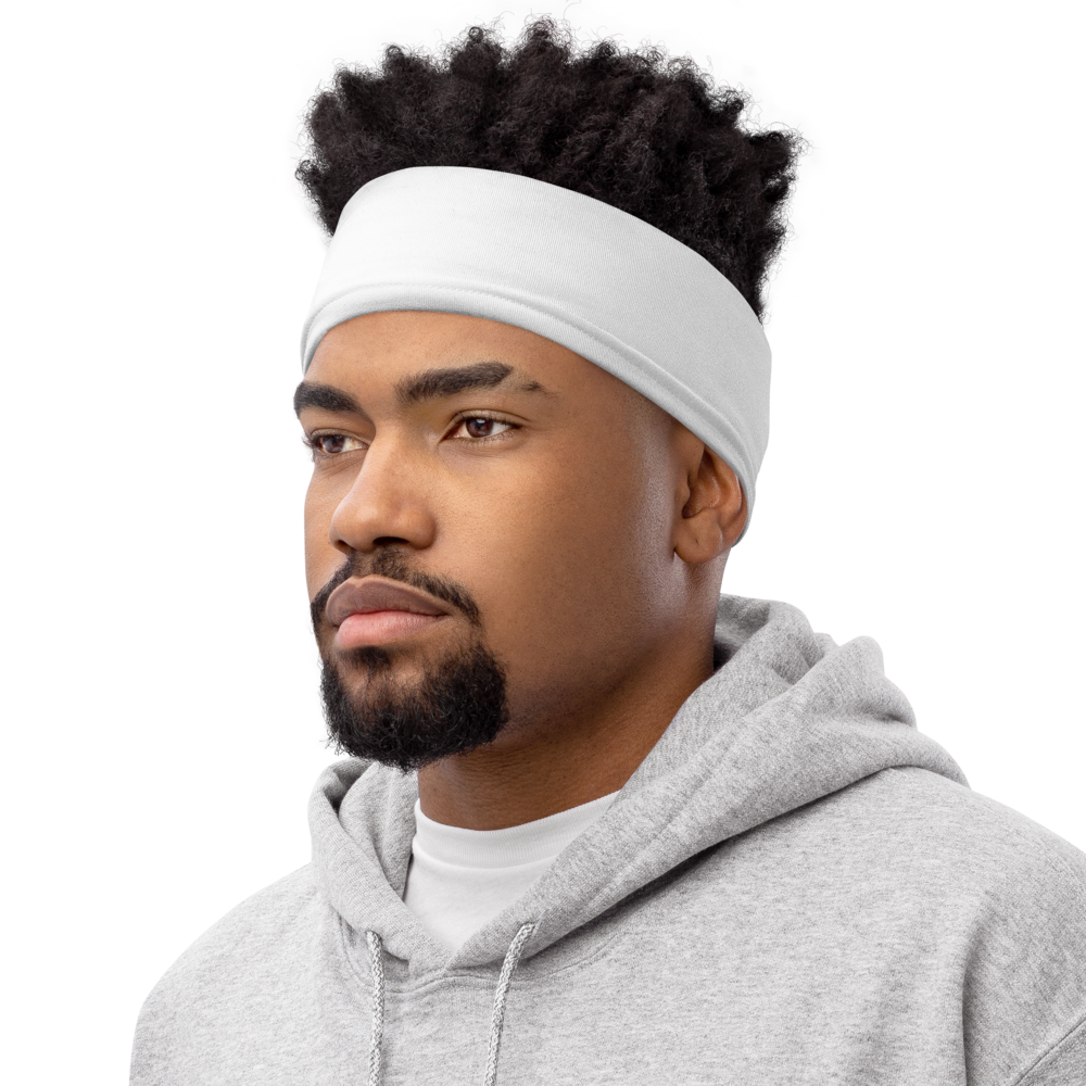 Man wearing a white headband with Stripe Billiard Ball #14 design