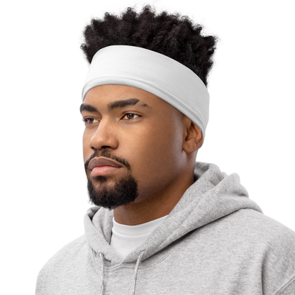 Man wearing a white headband with Stripe Billiard Ball #14 design