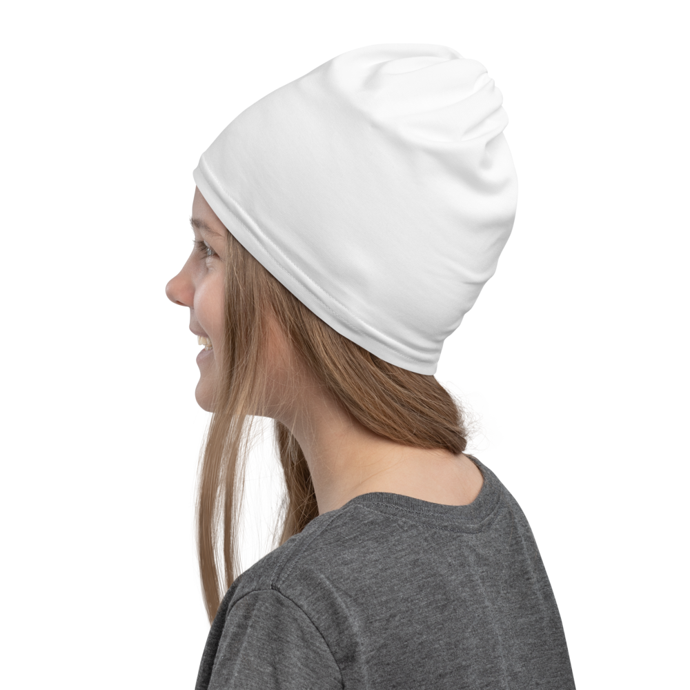 Woman wearing a white beanie with Stripe Billiard Ball #14 design