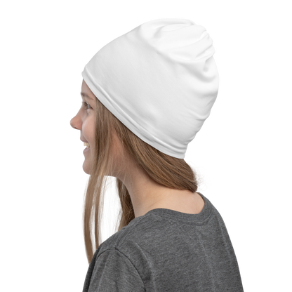 Woman wearing a white beanie with Stripe Billiard Ball #14 design
