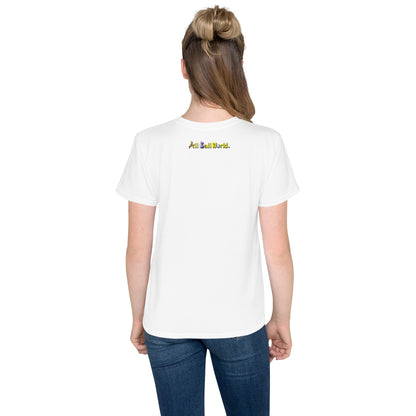 Woman wearing a white t-shirt with  All Ball World text on the back,

