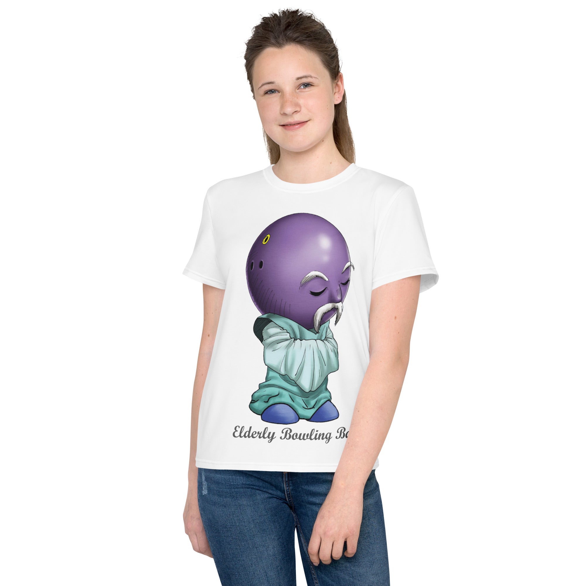Woman wearing a white t-shirt with a Elderly Bowling Ball print 
 Crew Neck T-Shirt 
