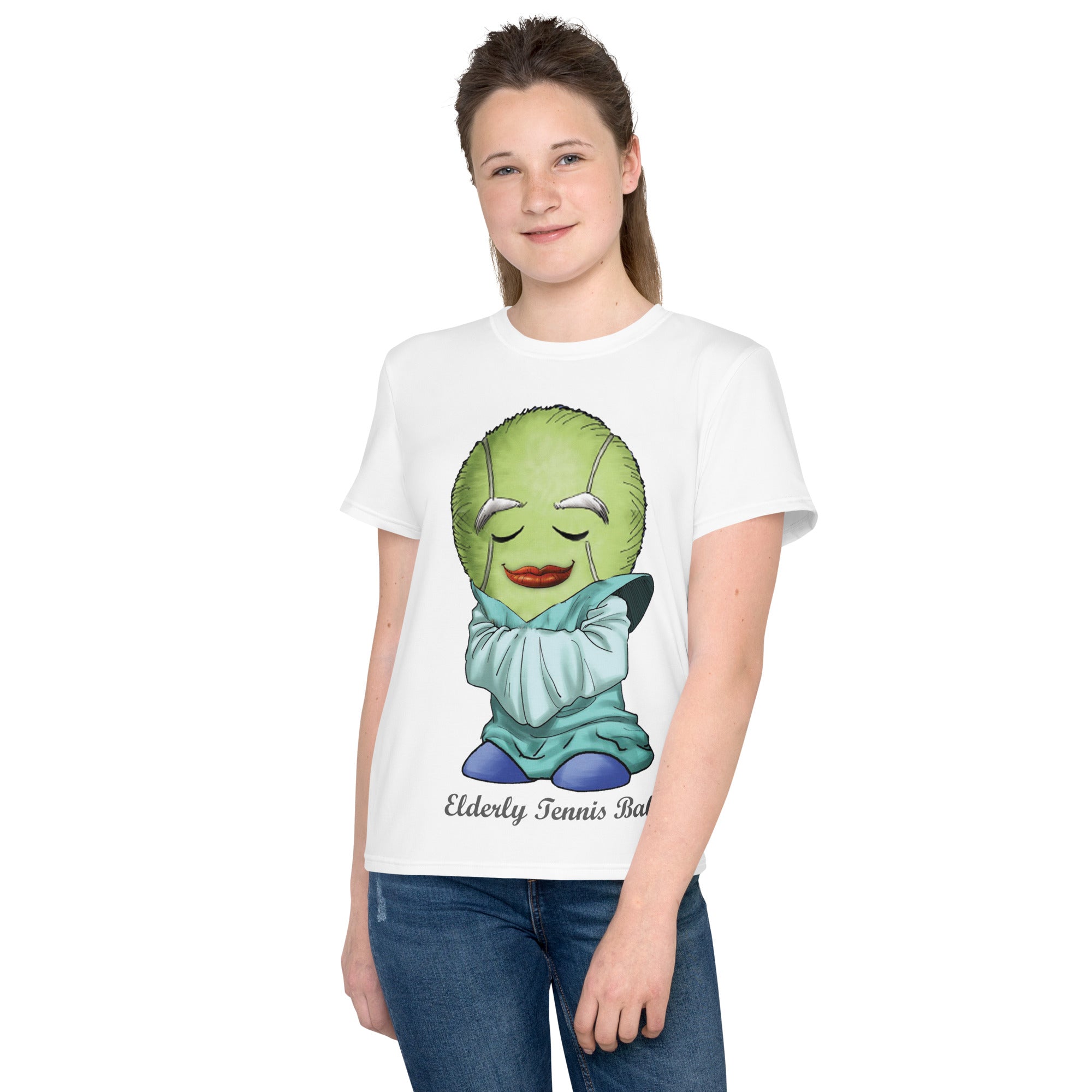 Teen wearing a white t-shirt with  Tennis ball print 