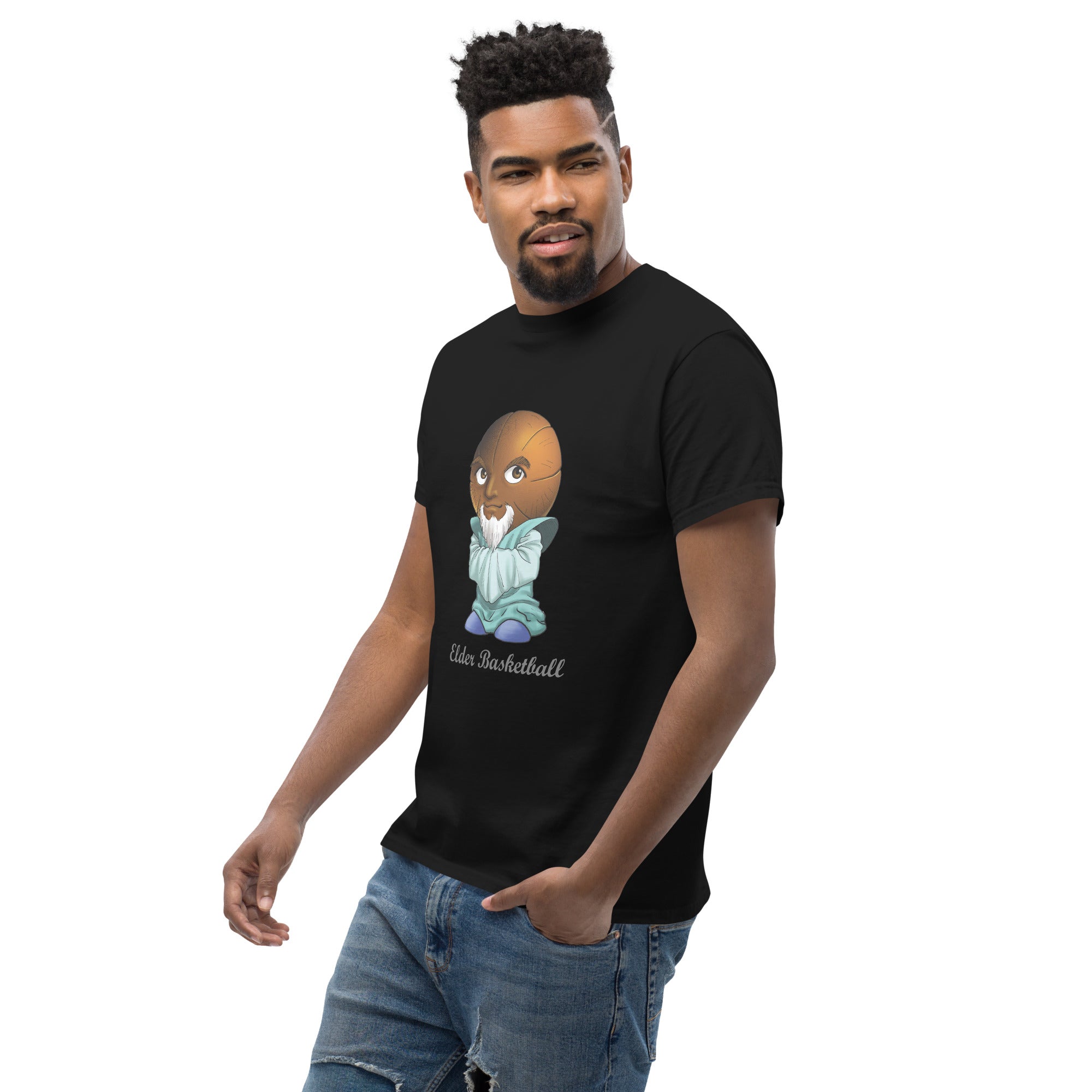 Man wearing a black t-shirt with a Elder Basketball Print Men’s Classic Tee – Cotton Athletic Streetwear T-Shirt 