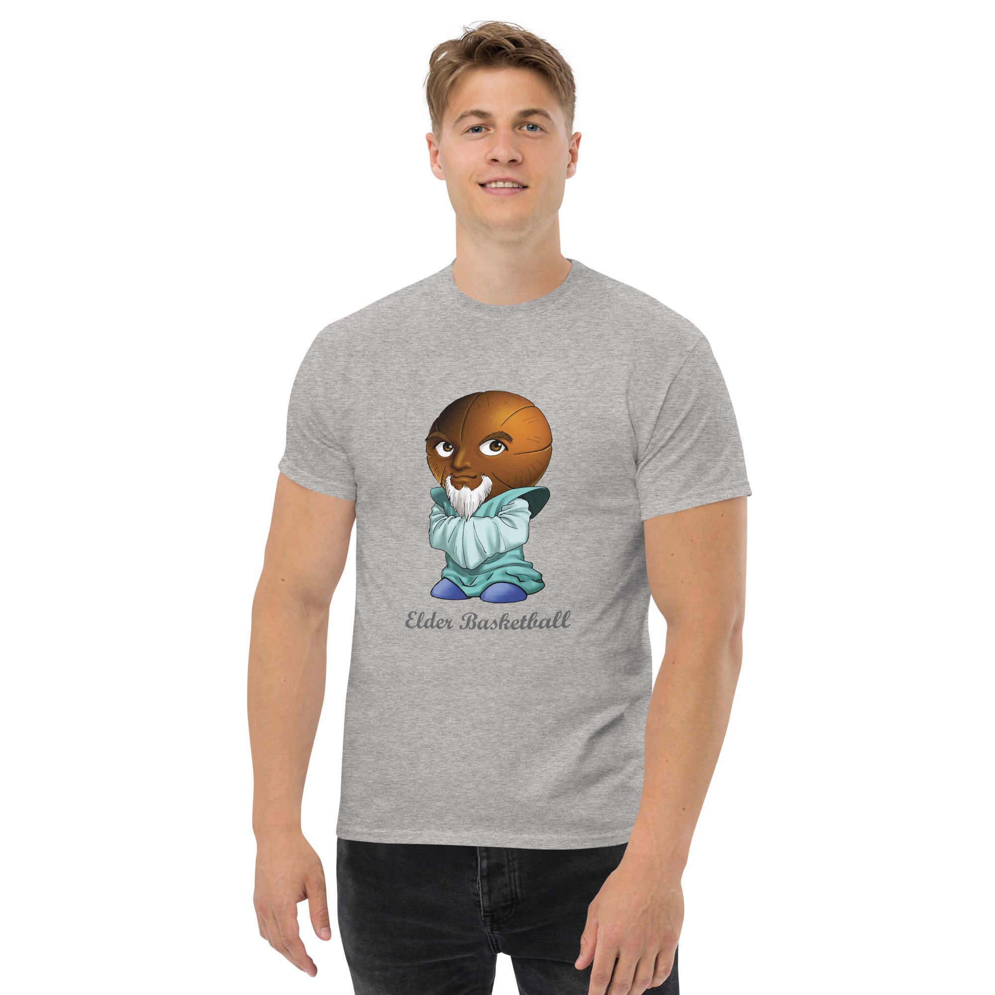 Men wearing a gray t-shirt with Elder Basketball Print Men’s Classic Tee – Cotton Athletic Streetwear T-Shirt 