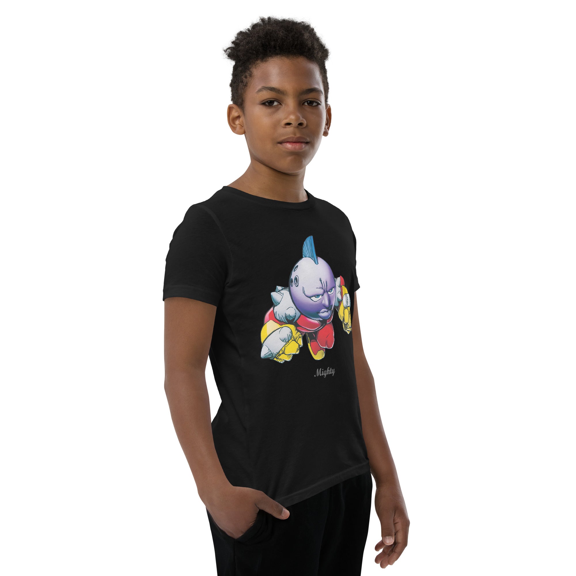 Boy wearing a black t-shirt with a mighty graphic design.