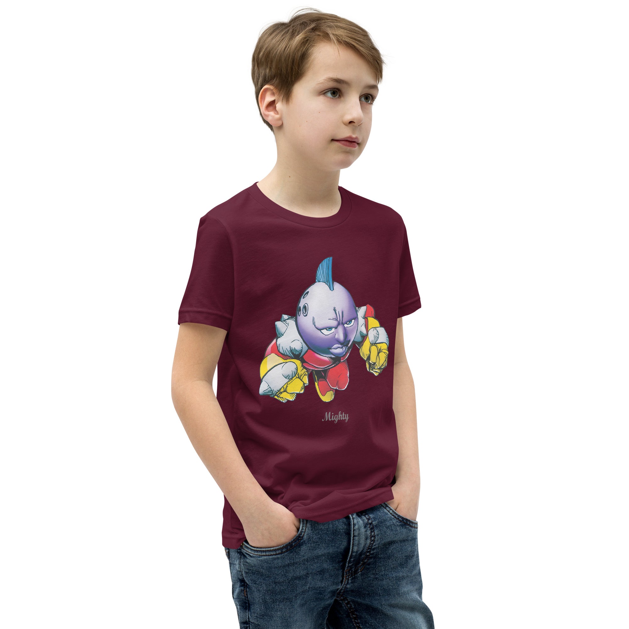 boy wearing a maroon t-shirt with a mighty printed design 