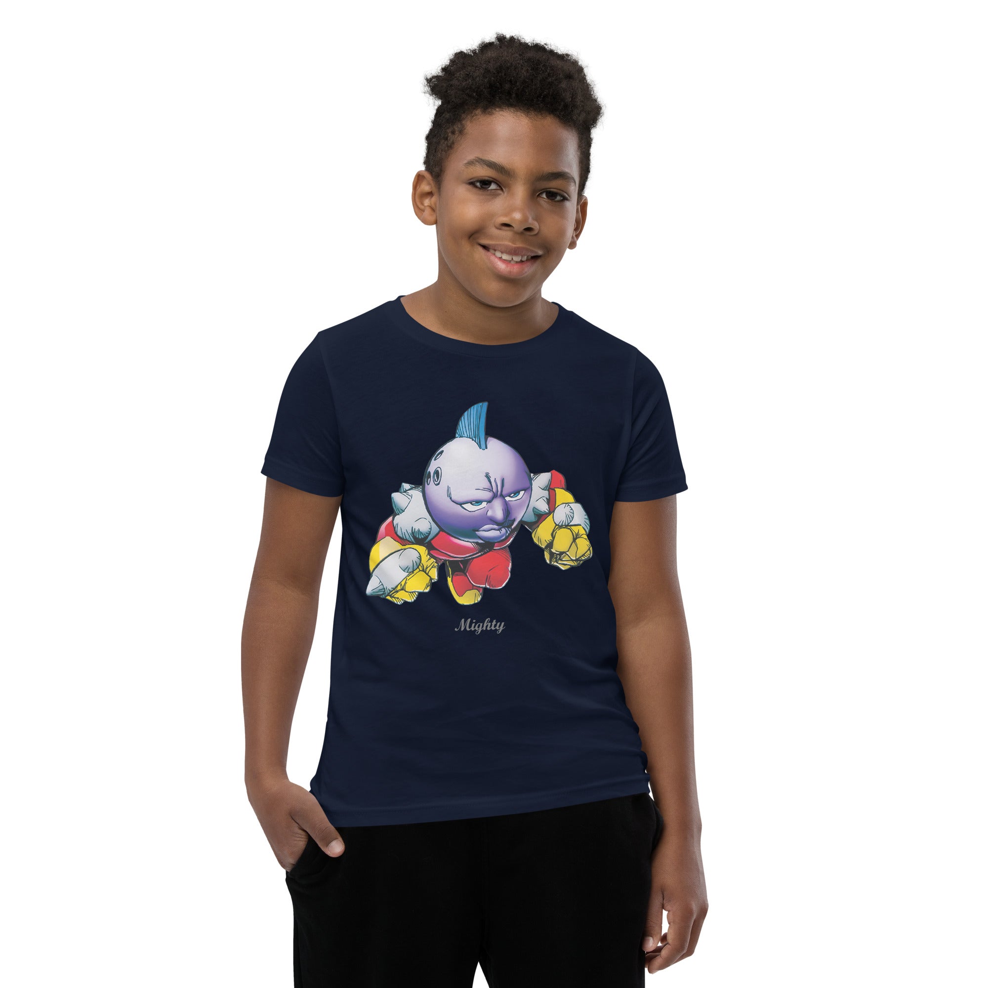 Boy wearing a navy blue t-shirt a might graphic design