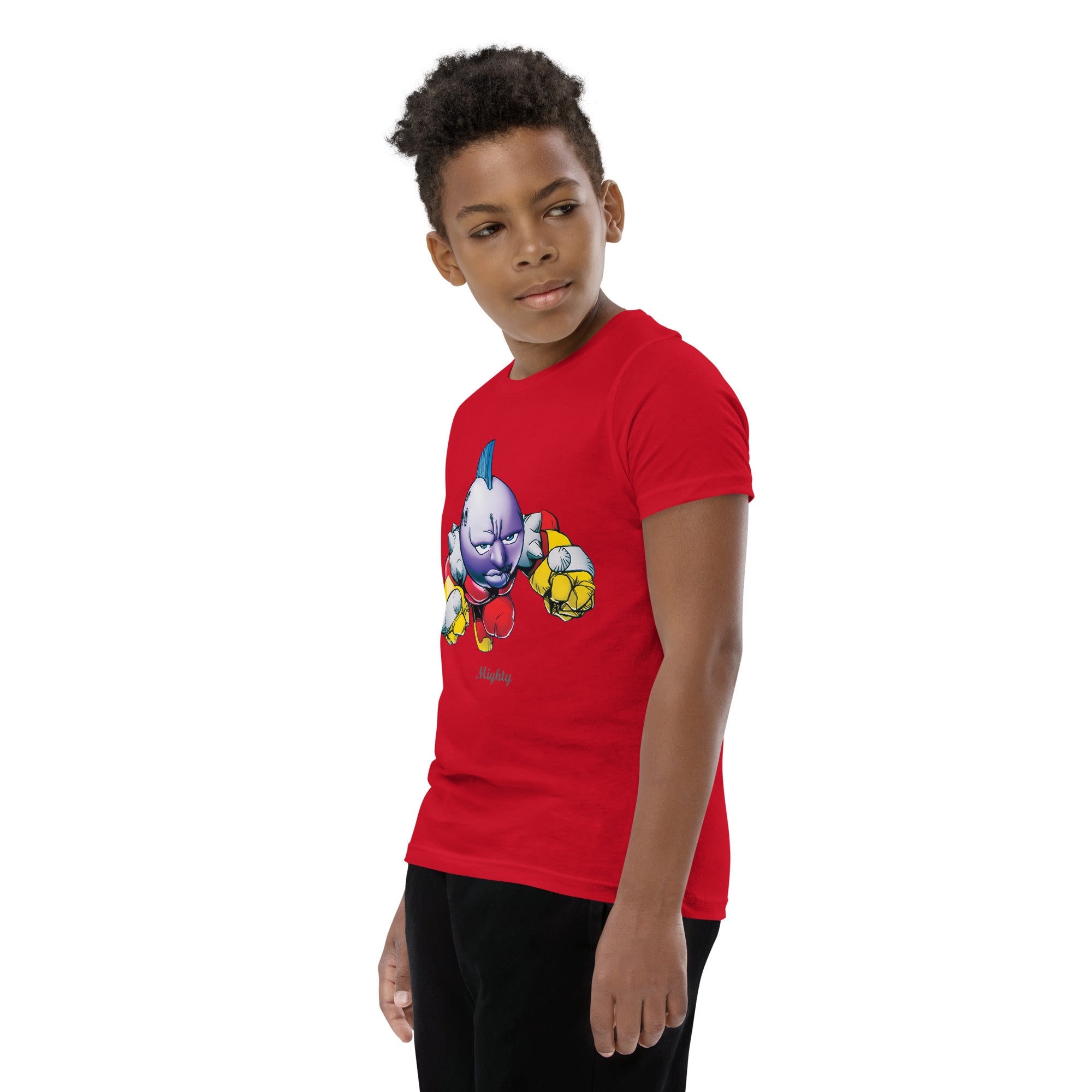 boy wearing a red t-shirt with a mighty printed design 