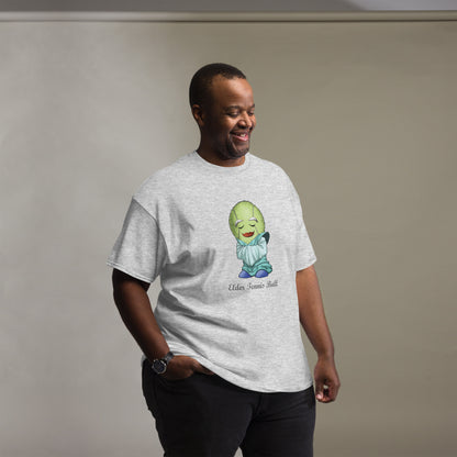 Man wearing a gray  t-shirt with a Tennis Ball cartoon character print 