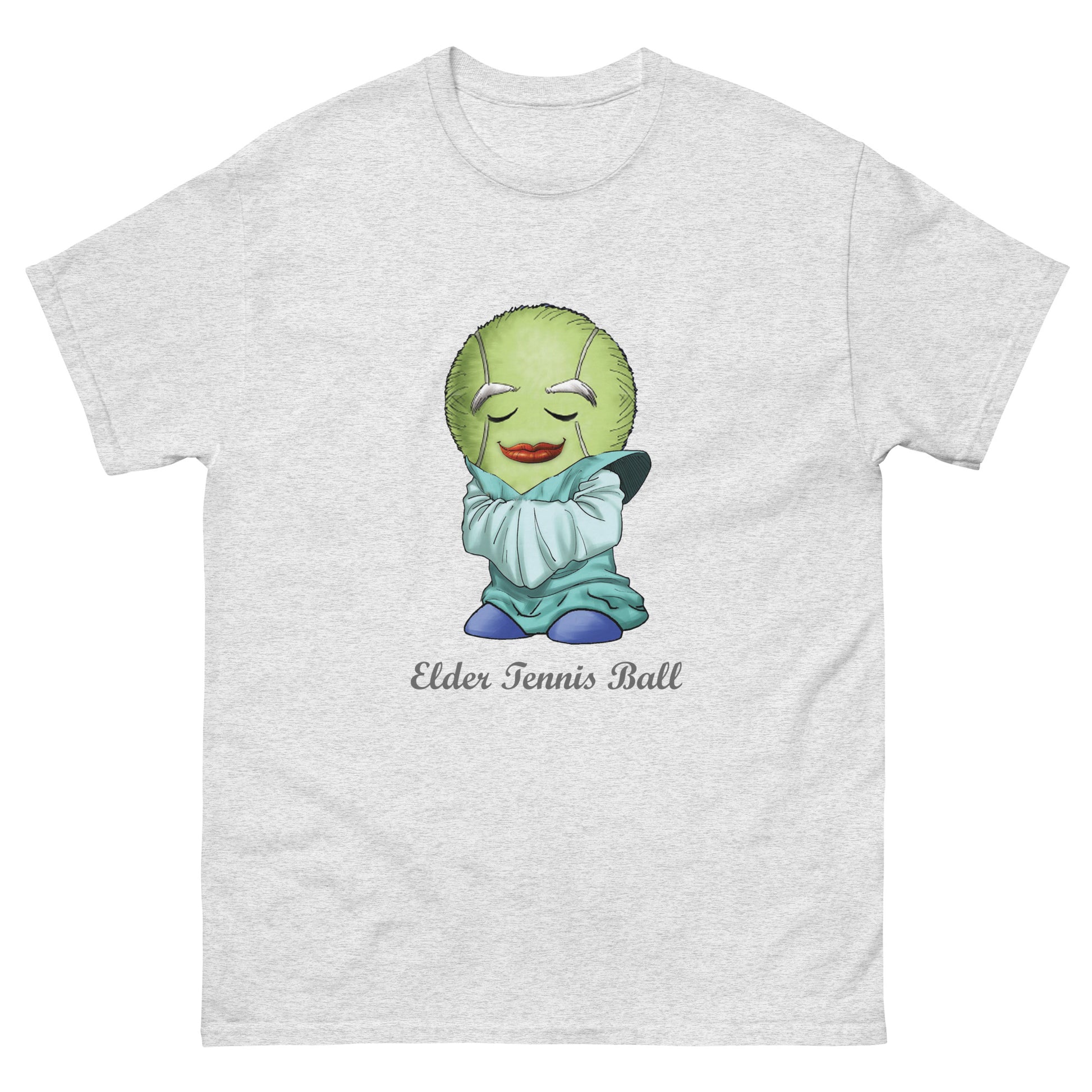 Gray t-shirt with a cartoon tennis ball character and 'ElderLY Tennis Ball' text 