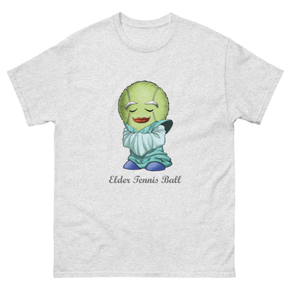 Gray t-shirt with a cartoon tennis ball character and 'ElderLY Tennis Ball' text 