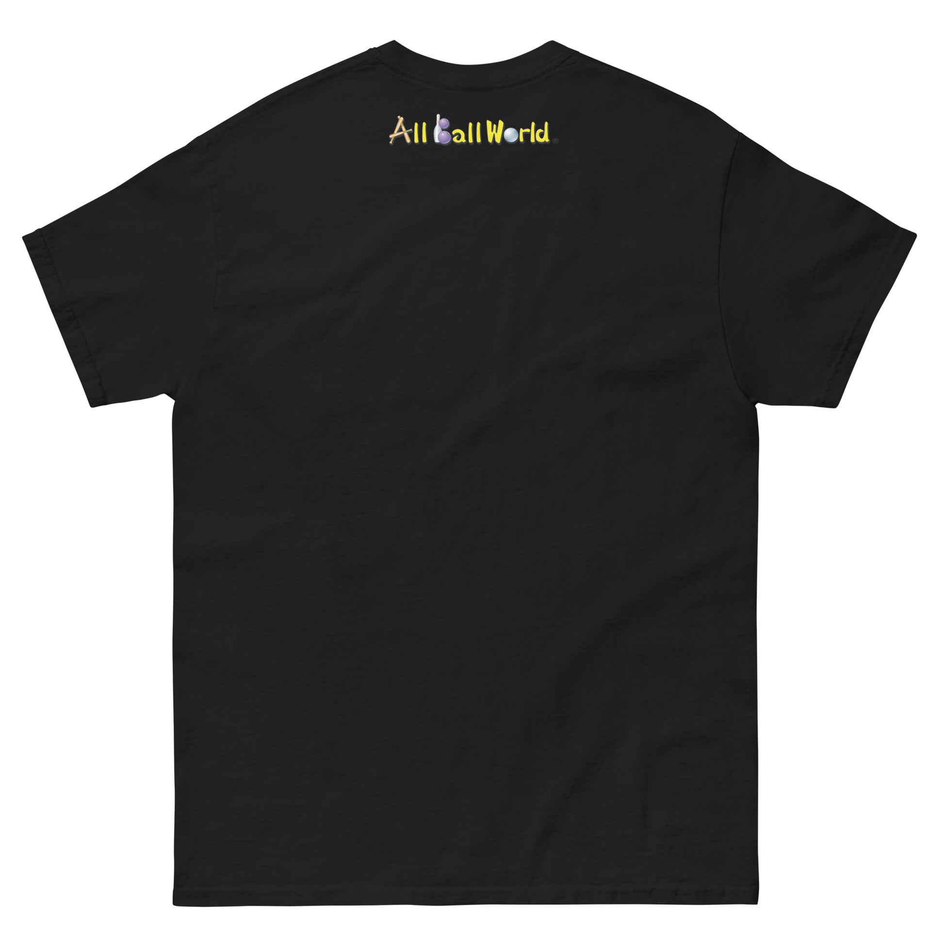 Black t-shirt with 'All Ball World' text on the back against a white background