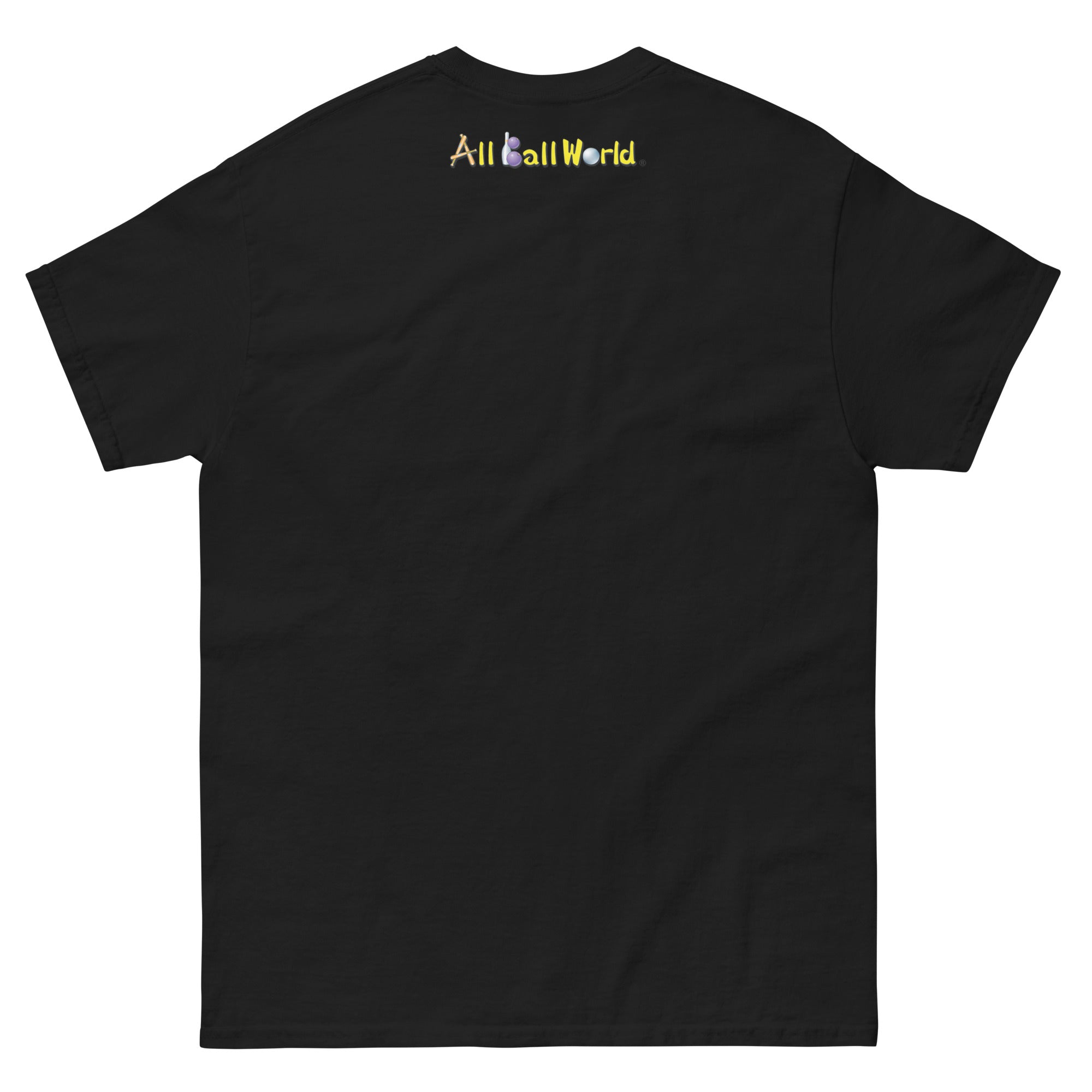 Black t-shirt with 'All Ball World' text on the back against a white background