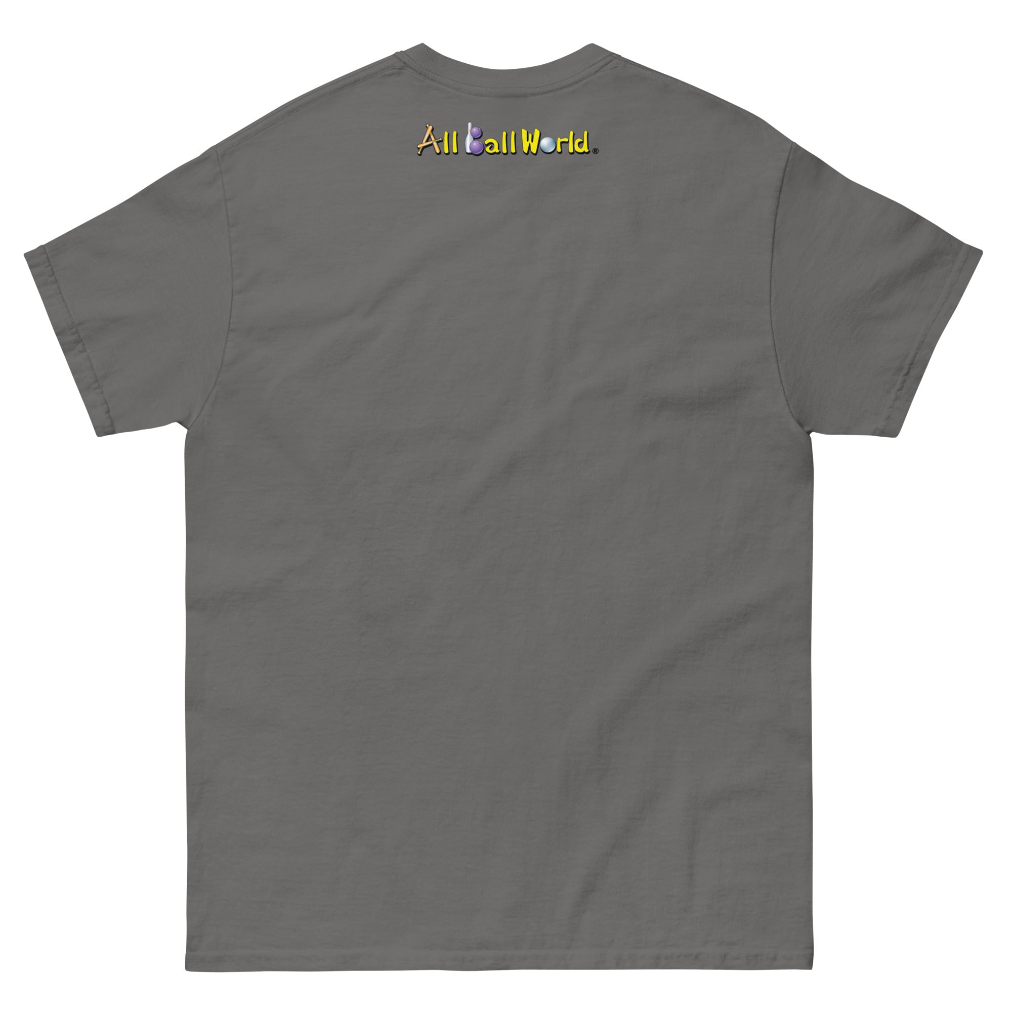 Gray t-shirt with 'All Ball World' text on the back 
