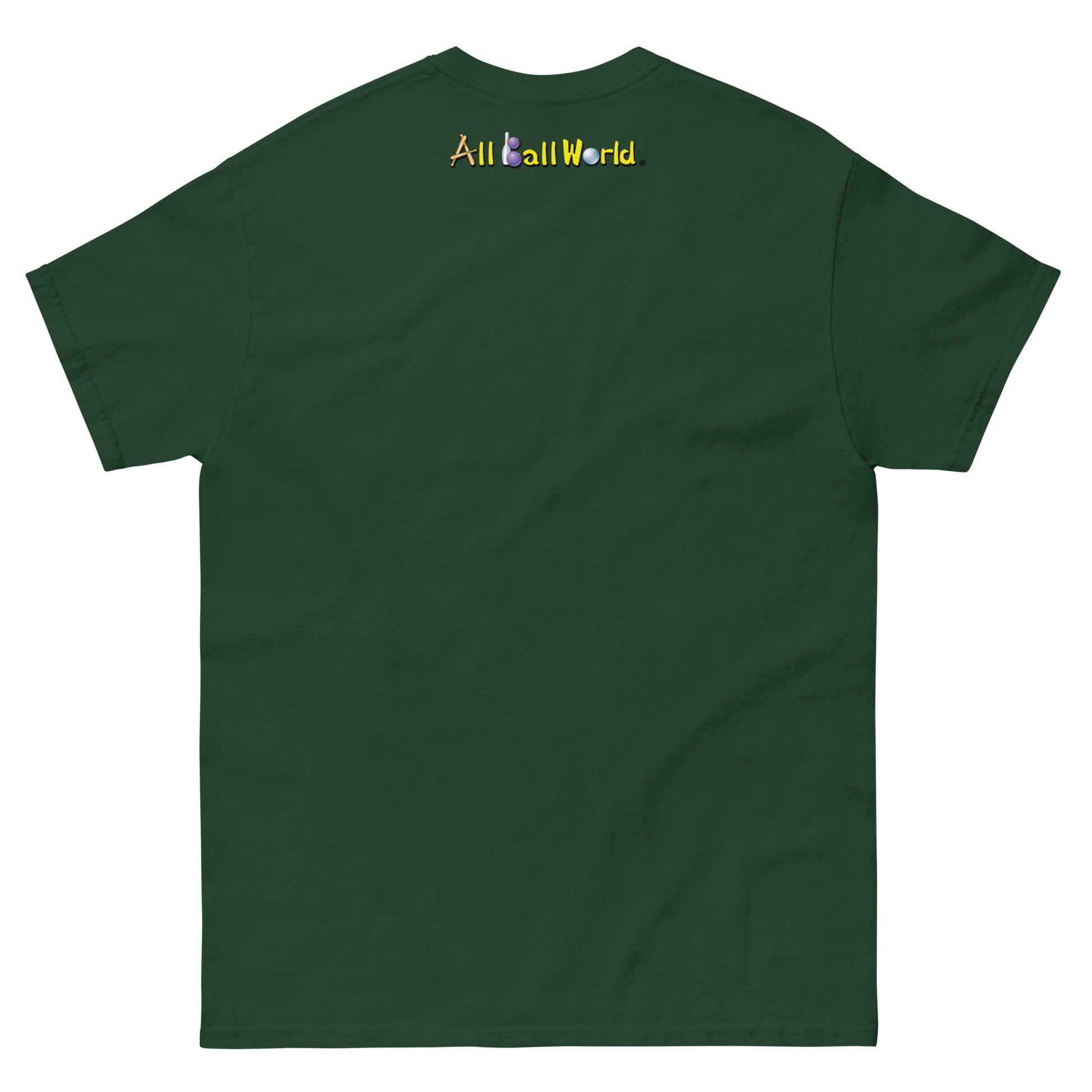 Green t-shirt with 'All Ball World' text on the back