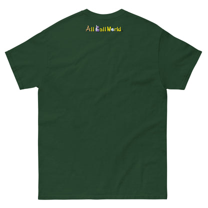 Green t-shirt with 'All Ball World' text on the back